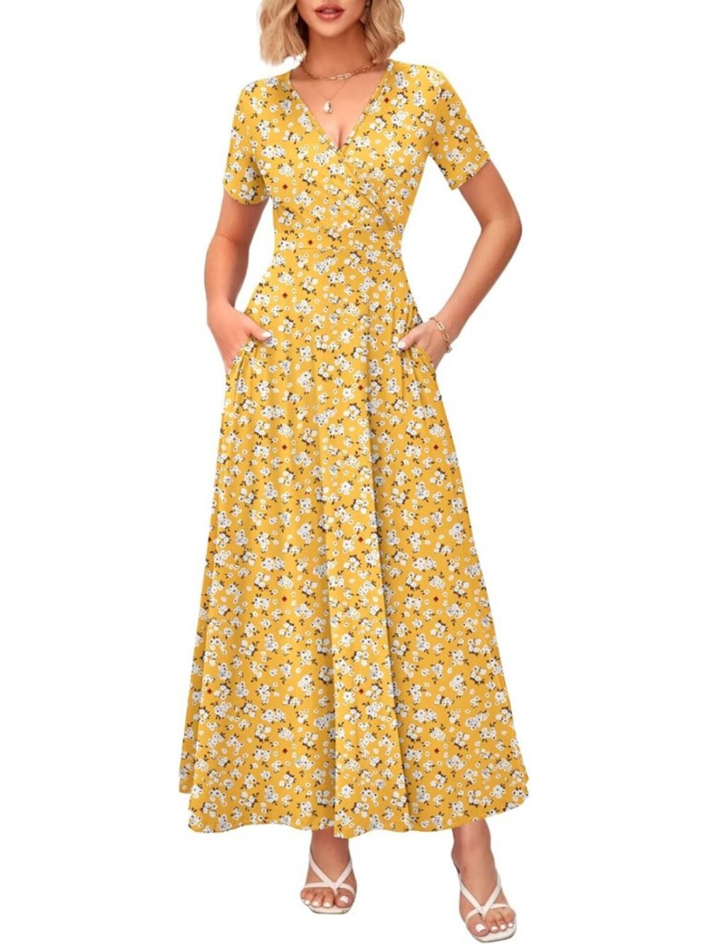 Chic Summer Maxi Dress for Women | Wrap Style, Short Sleeve, Pockets